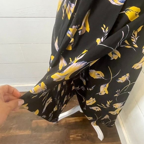 Modcloth Yellow Purple Black Floral Faux Wrap A Line Midi Dress Women's Size XXS - Picture 8 of 11
